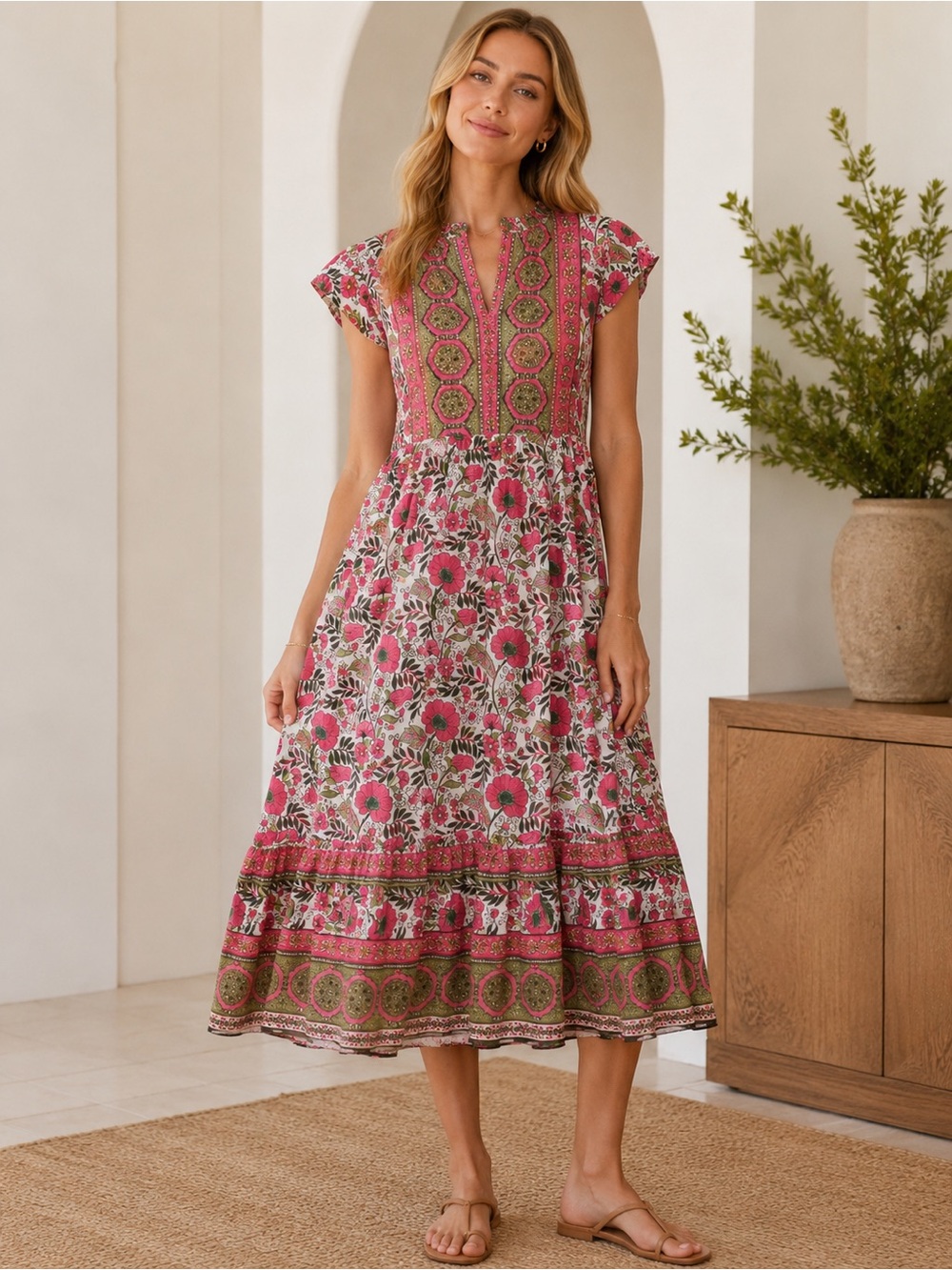 BELLA TU Pink Green Floral Midi Dress